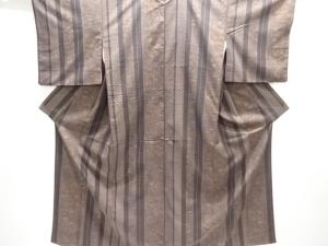 縞に家屋草花模様手織り紬着物